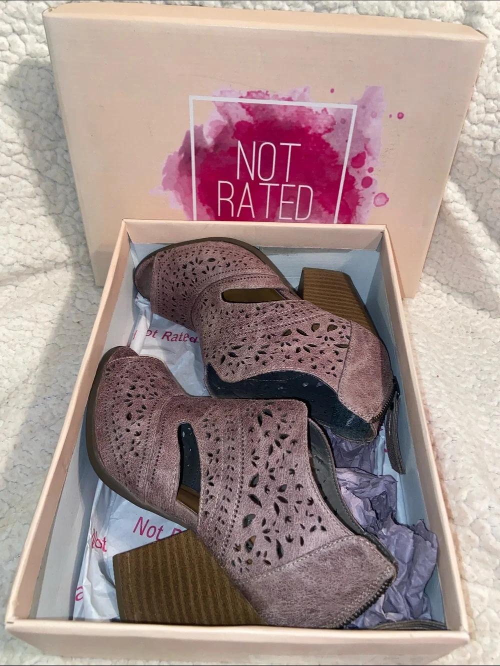 Not Rated Peep-Toe Laser-Cut Block Heel Booties in Brown/Grey - wore once